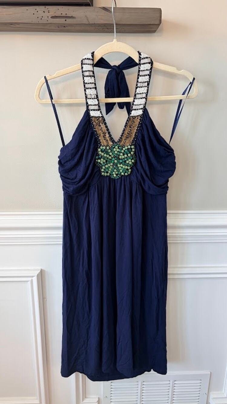 Boston Proper Navy Beaded MEDIUM Knee Length Halter Dress
